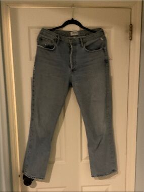 Agolde light blue denim jean size tag 27 rise 12 waist 15-16 inseam 27 button up